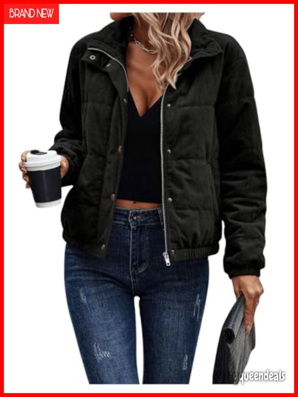 Women's Corduroy Quilted Puffer Jacket Zip Up Padded Bomber